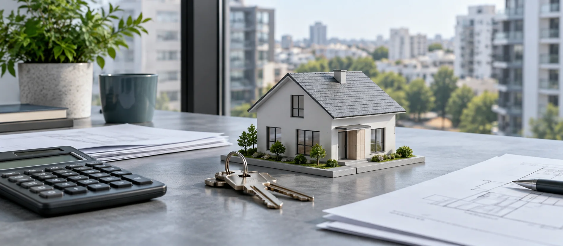 AI illustration of a model house, keys and calculator; not a real property or loan offer.
